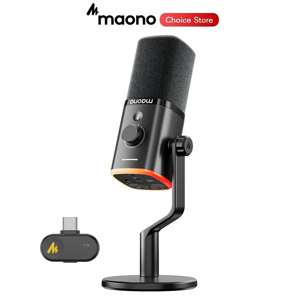 MAONO PD100W USB Wireless Dynamic Microphone Cardioid Mic 50m Range One-Touch Noise Reduction RGB for PC Gaming Live Streaming
