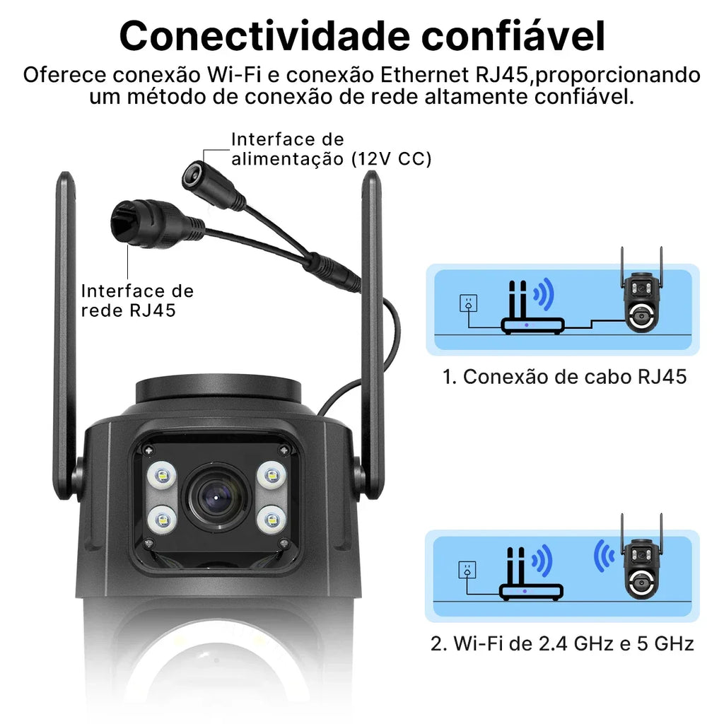 ICSee Wi‑Fi IP security camera with dual lens for outdoor use, PTZ, automatic tracking, and dual‑band connectivity