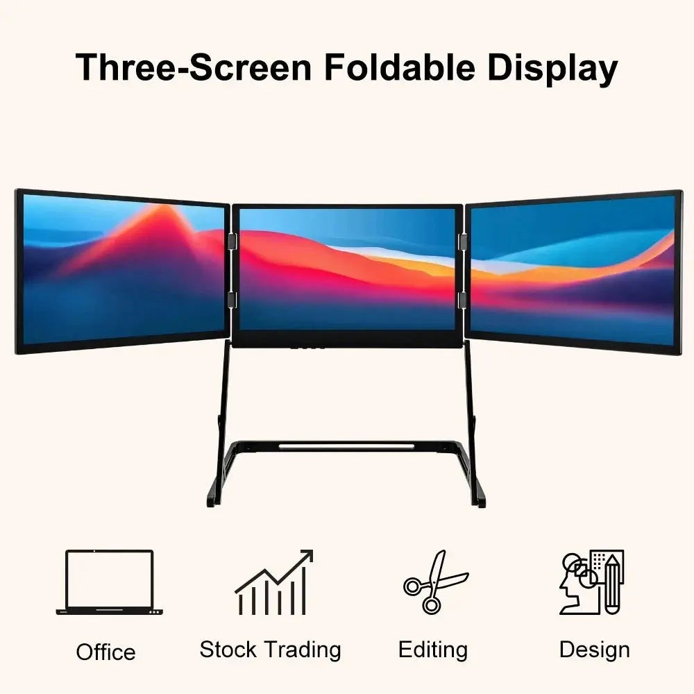 15.6 Inch Three Screen Display Portable Monitor 100%sRGB 360° Foldable External Display For Laptop/Windows/MacOS/Stock Trading