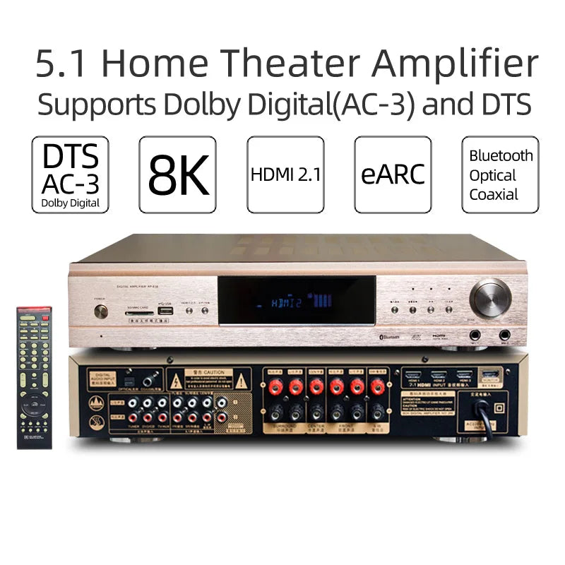 5.1 Home Theater Amplifier HDMI2.1 eARC HD 8K3D Dolby Digital AC-3/DTS Optical/Coaxial Audio,Independent 6 channel,Bluetooth/USB