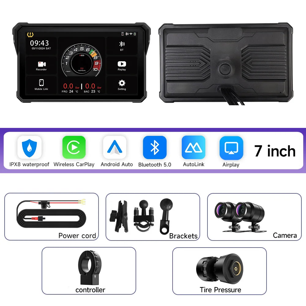 7 Inch Motorcycle Multimedia Player IP67 Waterproof GPS Navigation Recorder Wireless CarPlay Android Auto Touch Screen Bluetooth