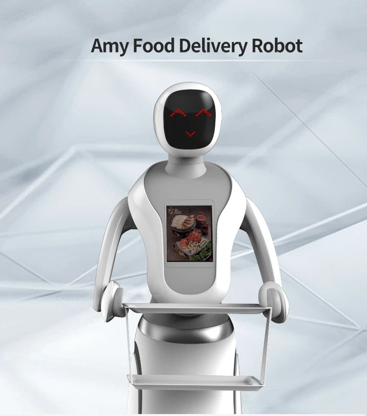 Amy Humanoid AI Robot Waiter for Restaurant / Coffee Shop Automatic Walk and Talk Meal Delivery Robot