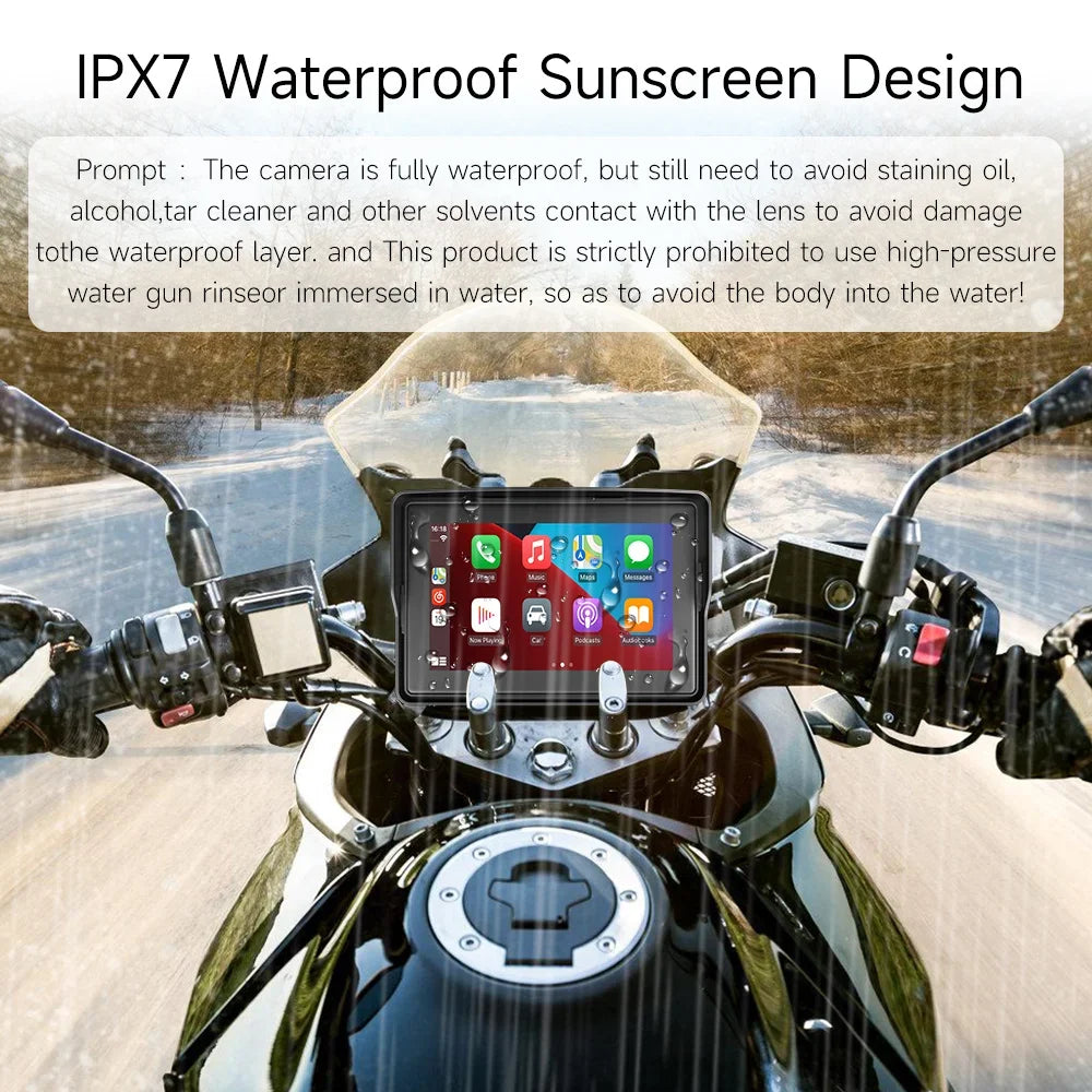 7 Inch Motorcycle Multimedia Player IP67 Waterproof GPS Navigation Recorder Wireless CarPlay Android Auto Touch Screen Bluetooth