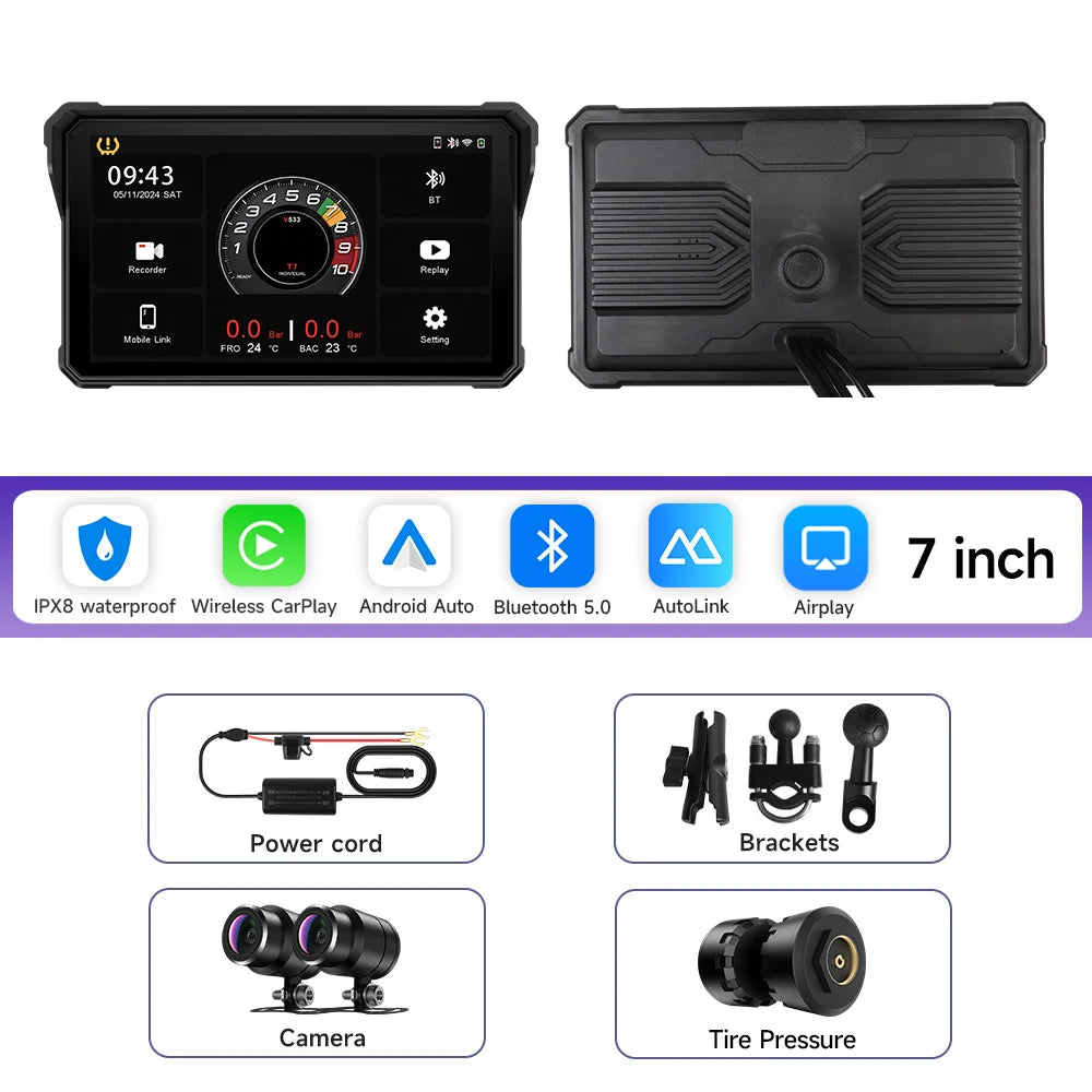 7 Inch Motorcycle Multimedia Player IP67 Waterproof GPS Navigation Recorder Wireless CarPlay Android Auto Touch Screen Bluetooth