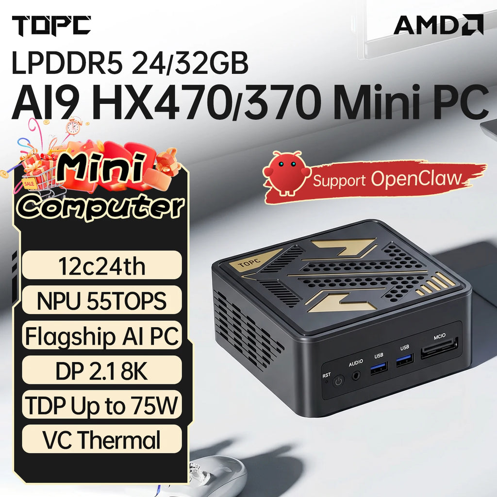 TOPC Gaming Mini PC AMD Ryzen AI 9 HX 470 Intel Ultra 9 285H USB4 24G/32G LPDDR5 2*2.5G LAN 2*PCIe Desktop Computer Windows 11