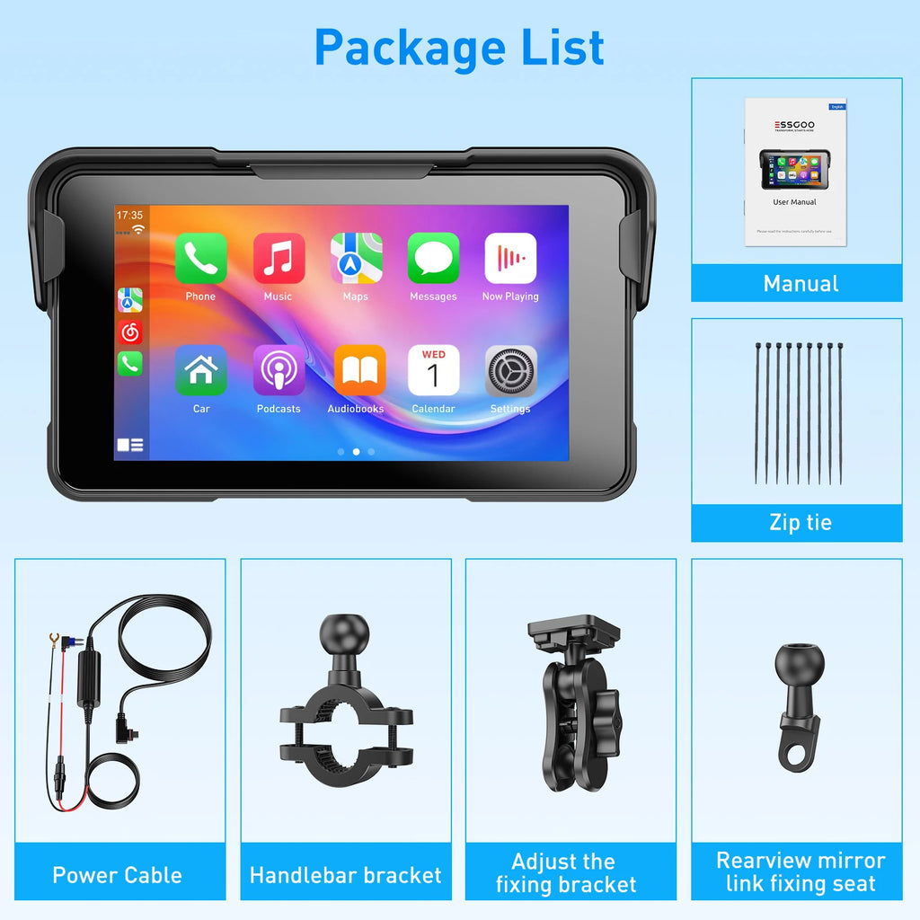 ESSGOO 5 inch Wireless Carplay Motorcycle DVR Navigation GPS Android Auto IPX Display Screen Portable Moto Monitor
