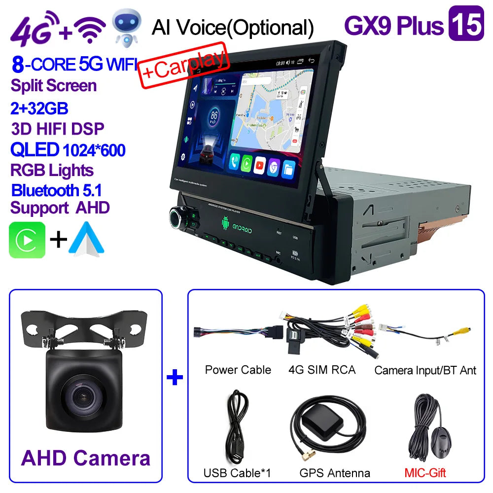 CAIXI Android 13 Auto 1Din Multimedia Player 7'' Universa Retractable Screen Car Radio MP5 GPS Navigation Carplay 1 DIN Stereo