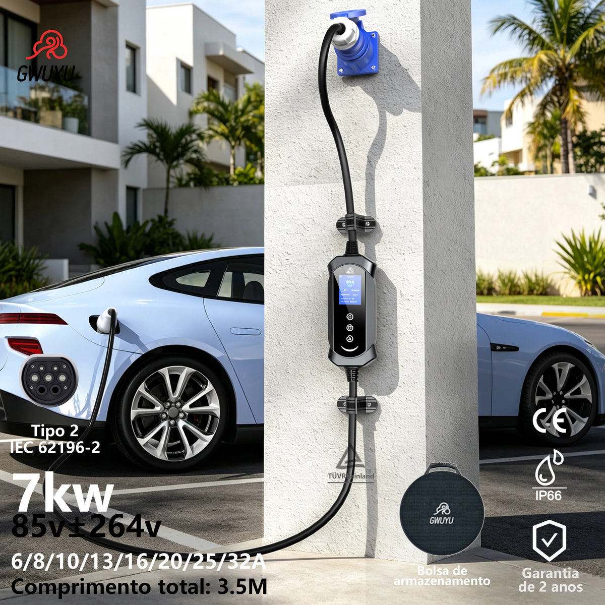 GWUYU Portable EV Charger Type2 7kW 32A Adjustable Current Delay Charging 2.8 Inch LCD Screen EVSE for Electric Car