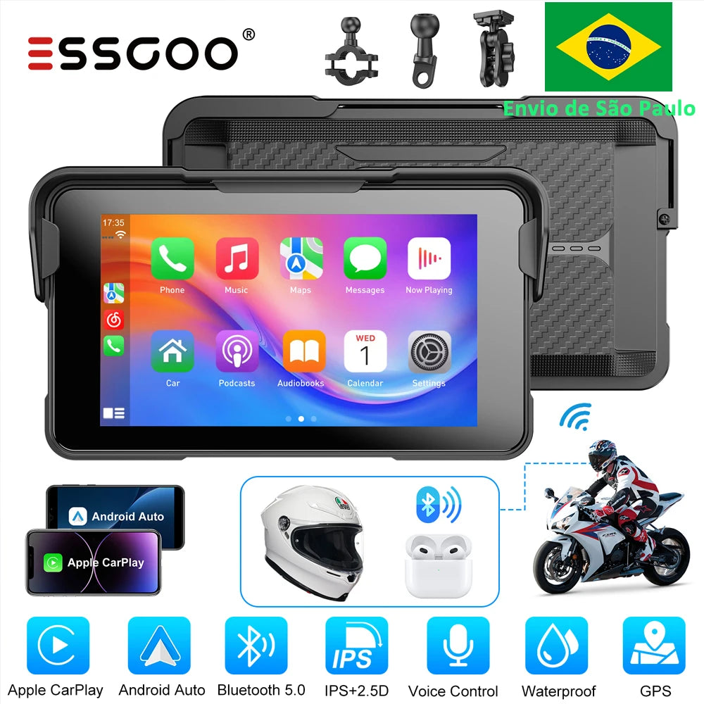 ESSGOO 5 inch Wireless Carplay Motorcycle DVR Navigation GPS Android Auto IPX Display Screen Portable Moto Monitor