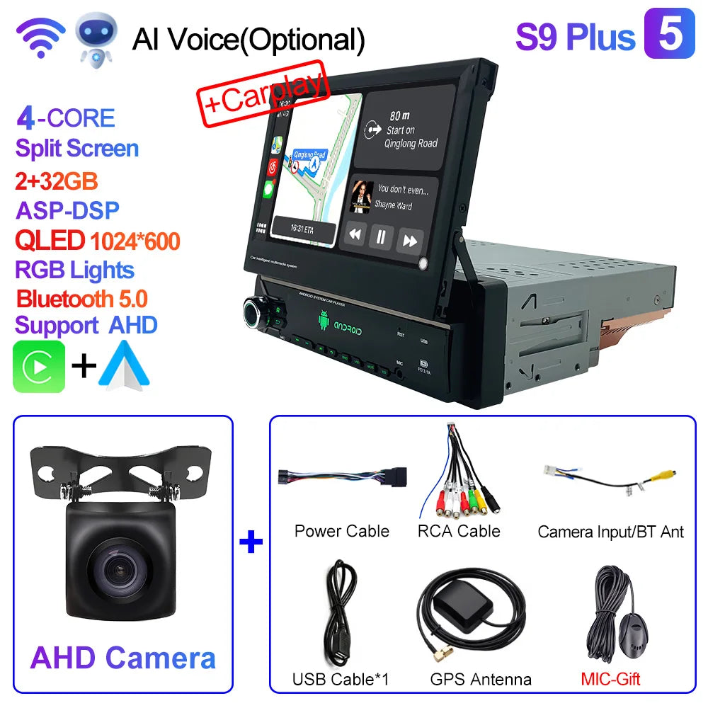 CAIXI Android 13 Auto 1Din Multimedia Player 7'' Universa Retractable Screen Car Radio MP5 GPS Navigation Carplay 1 DIN Stereo