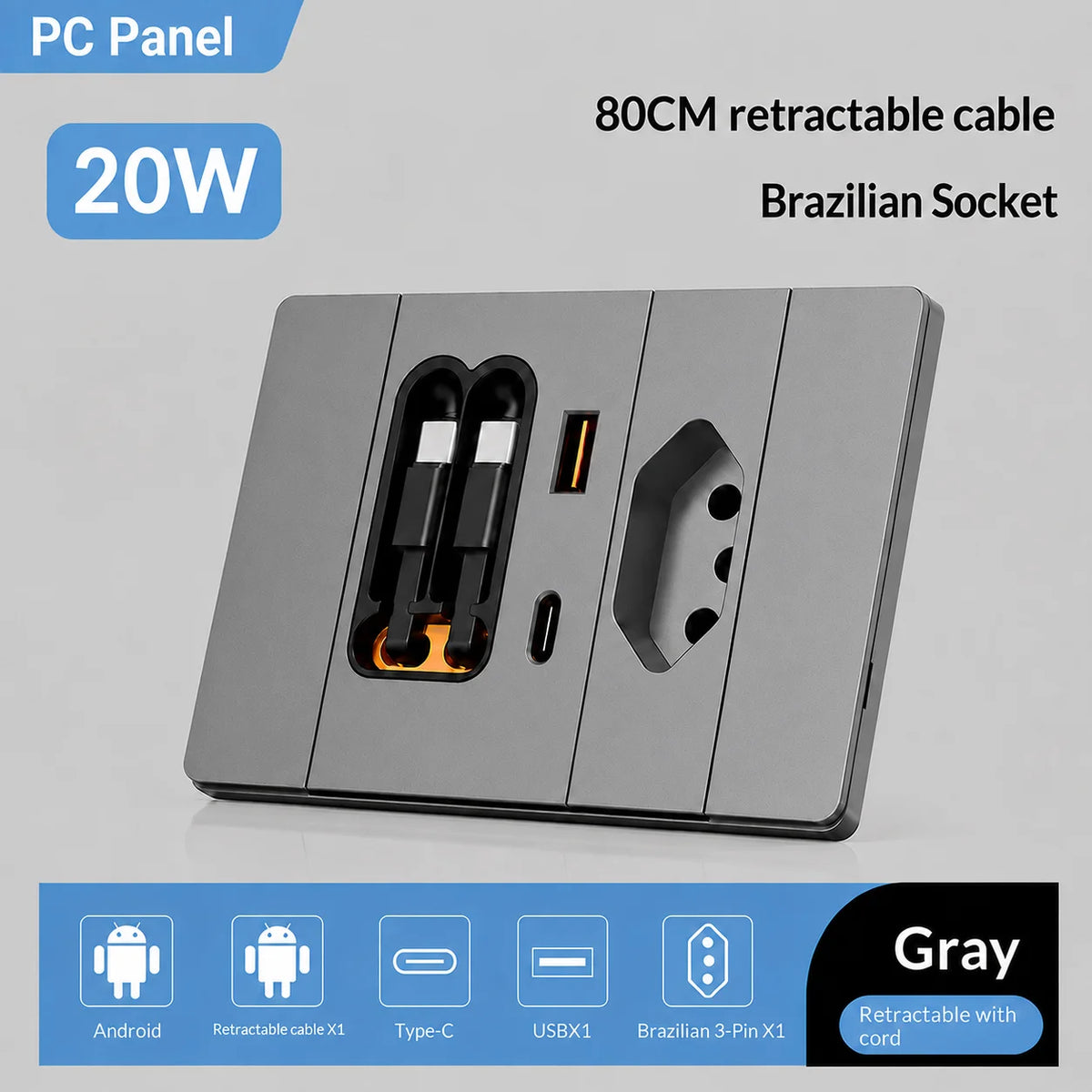 ELEGAN 20W Fast Charging Wall Charger with Dual Retractable USB-C Cables,Type-C PD & USB-A,Brazil socket with retractable cable