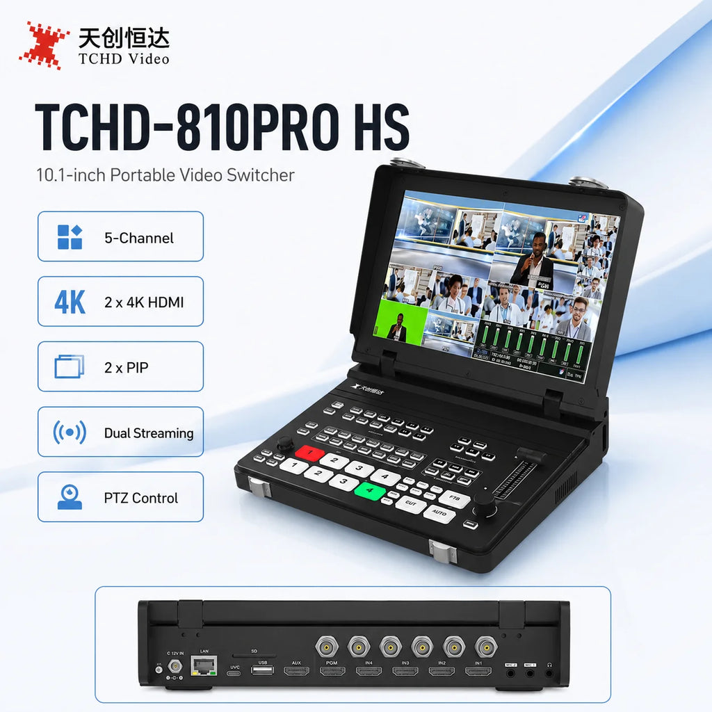 TCHD-810PRO HS 10.1-Inch 5-Channel Portable Video Switcher with 4K HDMI, SDI, PIP, Streaming, Recording and PTZ Control