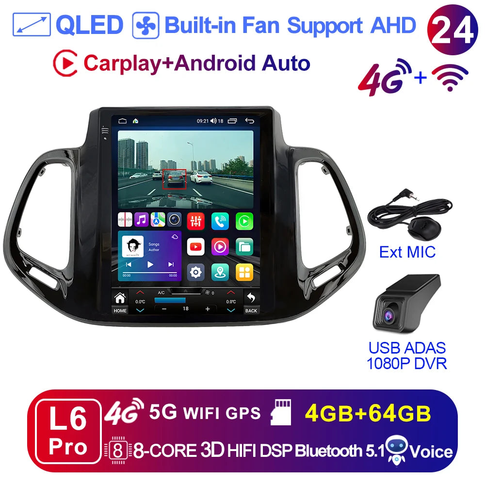 LEHX 2 Din Android 14 8Core  for Jeep Compass 2 MP 2016 - 2019  5G WIFI Car Radio Carplay Auto Stereo GPS DVD Head Unit