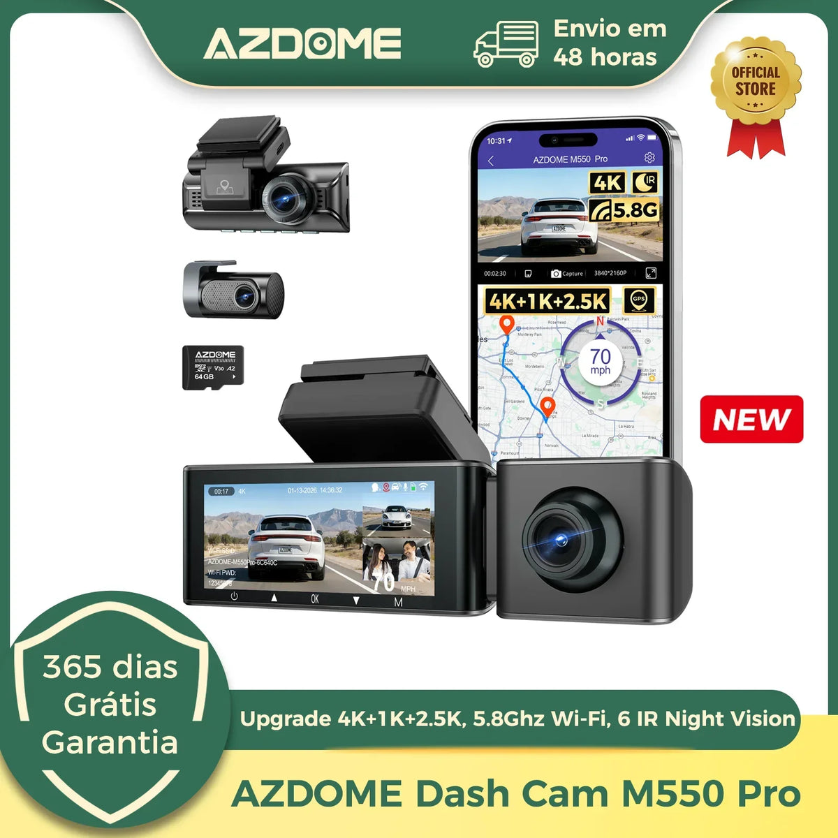 AZDOME M550 Pro Dash Cam Car DVR 5.8Ghz WiFi 3.19" IPS 2 or 3 Channel Dash Camera GPS Night Vision Dual 4K+1080P Parking Monitor