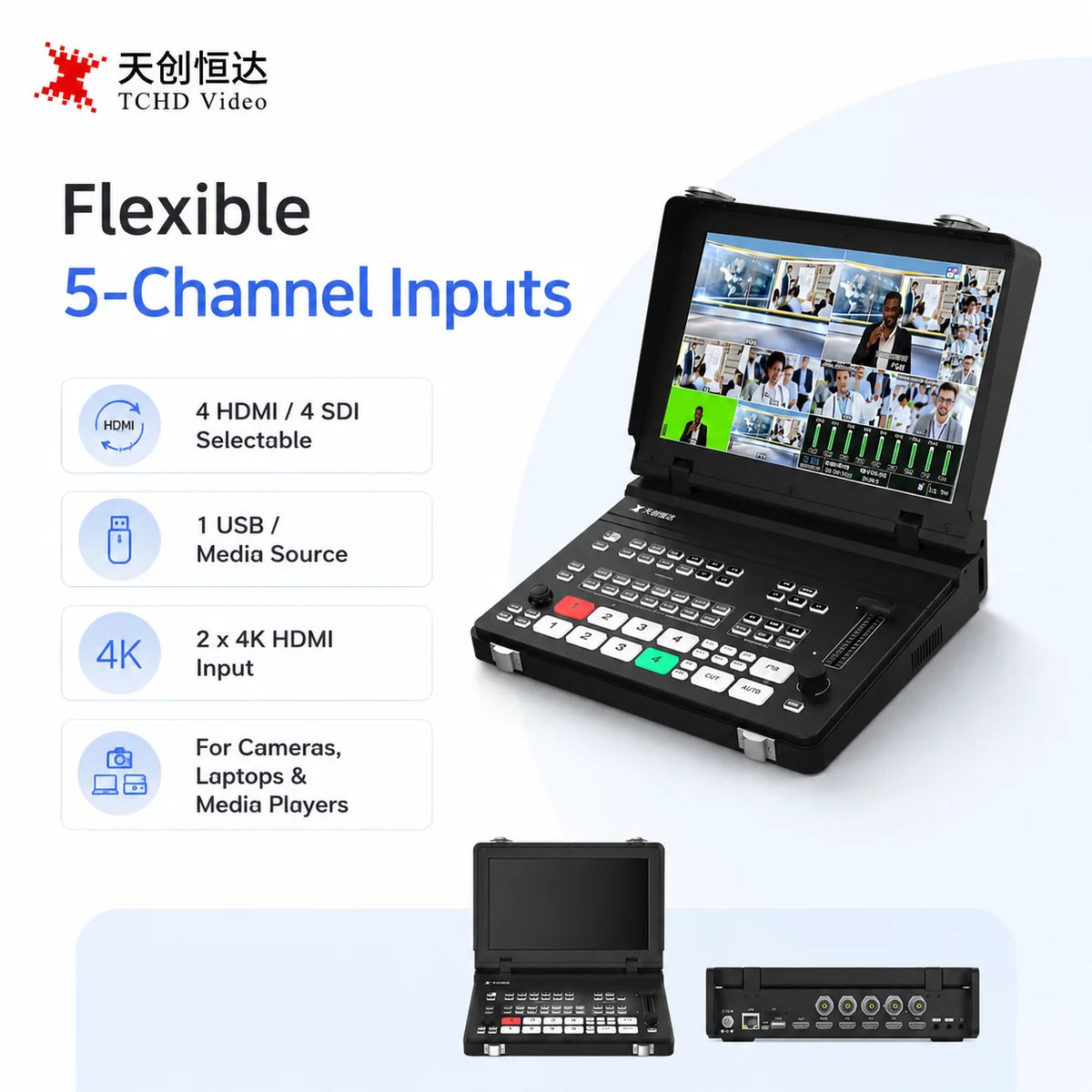 TCHD-810PRO HS 10.1-Inch 5-Channel Portable Video Switcher with 4K HDMI, SDI, PIP, Streaming, Recording and PTZ Control