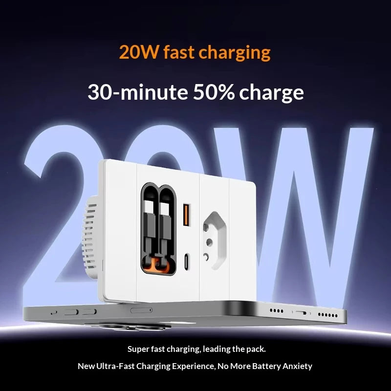 ELEGAN 20W Fast Charging Wall Charger with Dual Retractable USB-C Cables,Type-C PD & USB-A,Brazil socket with retractable cable