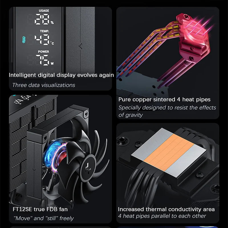 DeepCool AK400 Digital LCD Display CPU Cooler 4 Heat pipes Air Cooling PC Radiator For LGA1700/1200 115X AM4 AM5