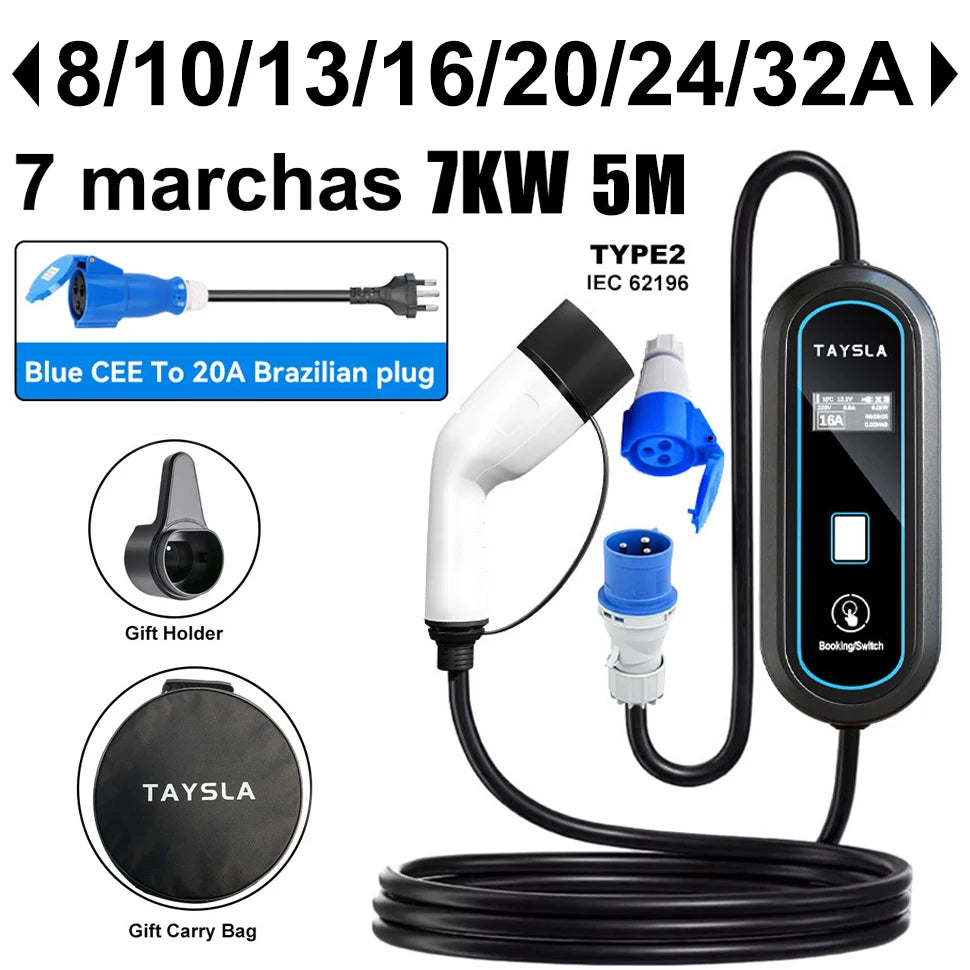 TAYSLA 7KW 32A Electric Car Charger Type 2 Portable EV Charger 80V-260V Charging Cable Wallbox for All Electric Vehicle BYD BMW