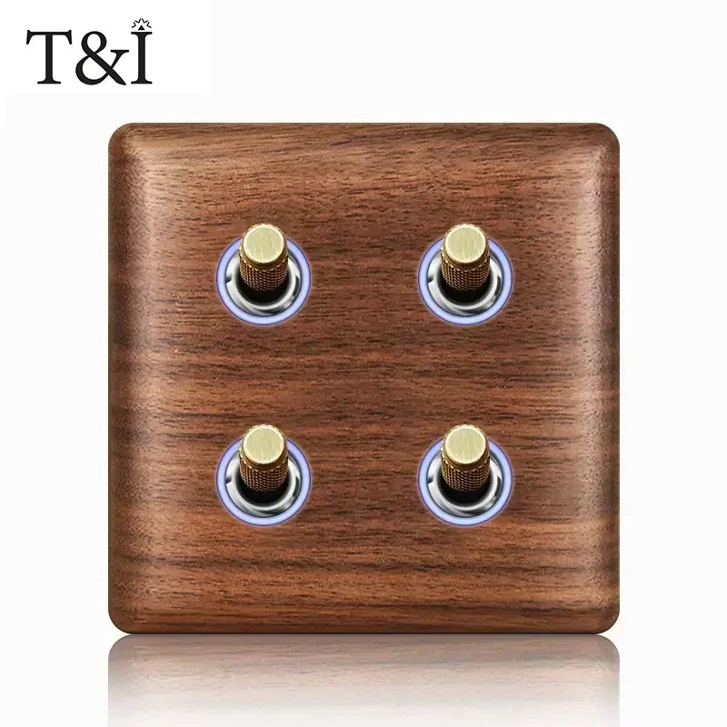 Solid Wood 1-4 Gang Dual Control Light Switch UK/EU Standard Vintage Brass Outlet 86x86mm with Blue LED Indicator 110-250V