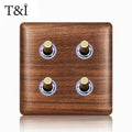 Solid Wood 1-4 Gang Dual Control Light Switch UK/EU Standard Vintage Brass Outlet 86x86mm with Blue LED Indicator 110-250V