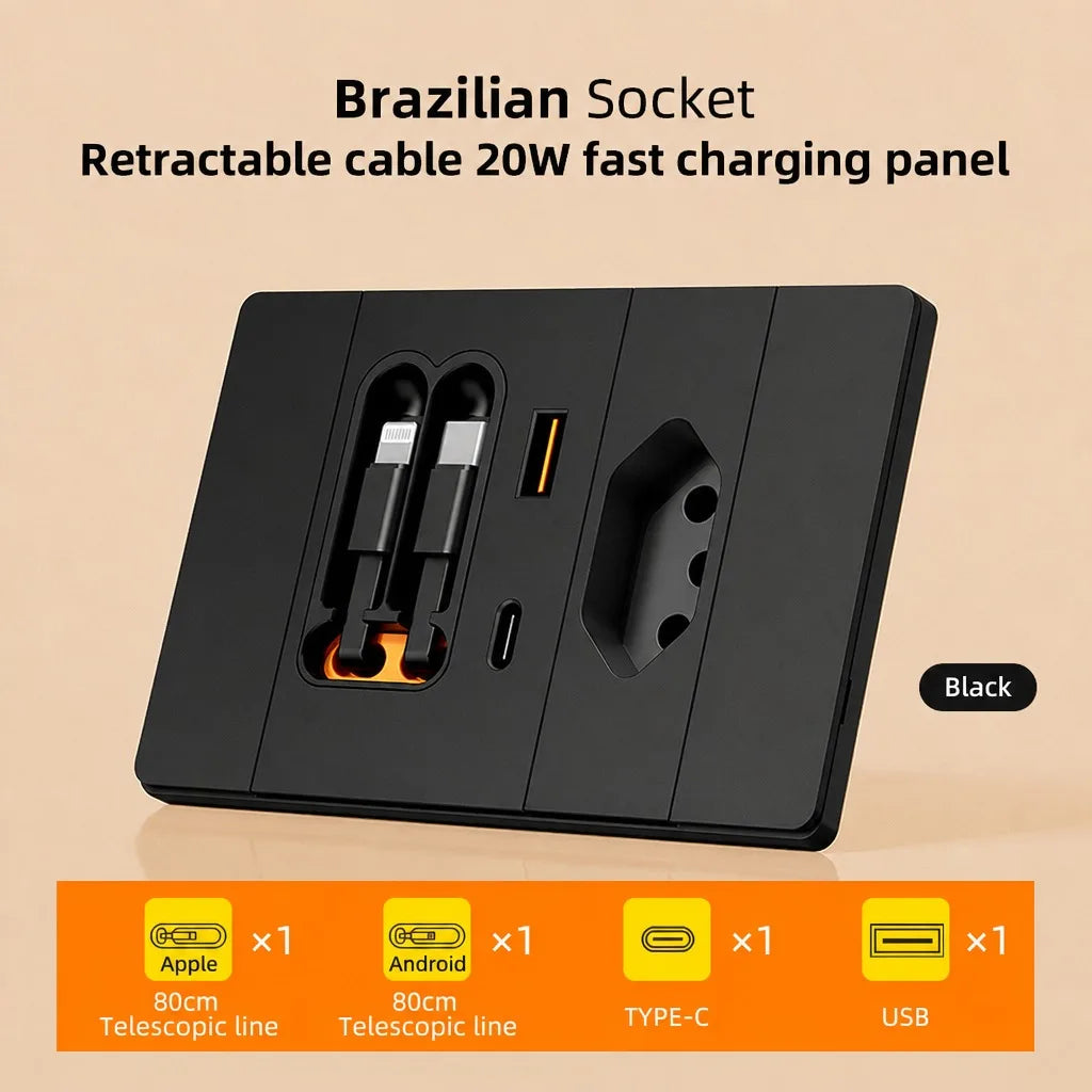 118 Type Brazil Socket Panel with Retractable Cable 20W USB Fast Charging Multi-hole Type-C Wall Socket for Market
