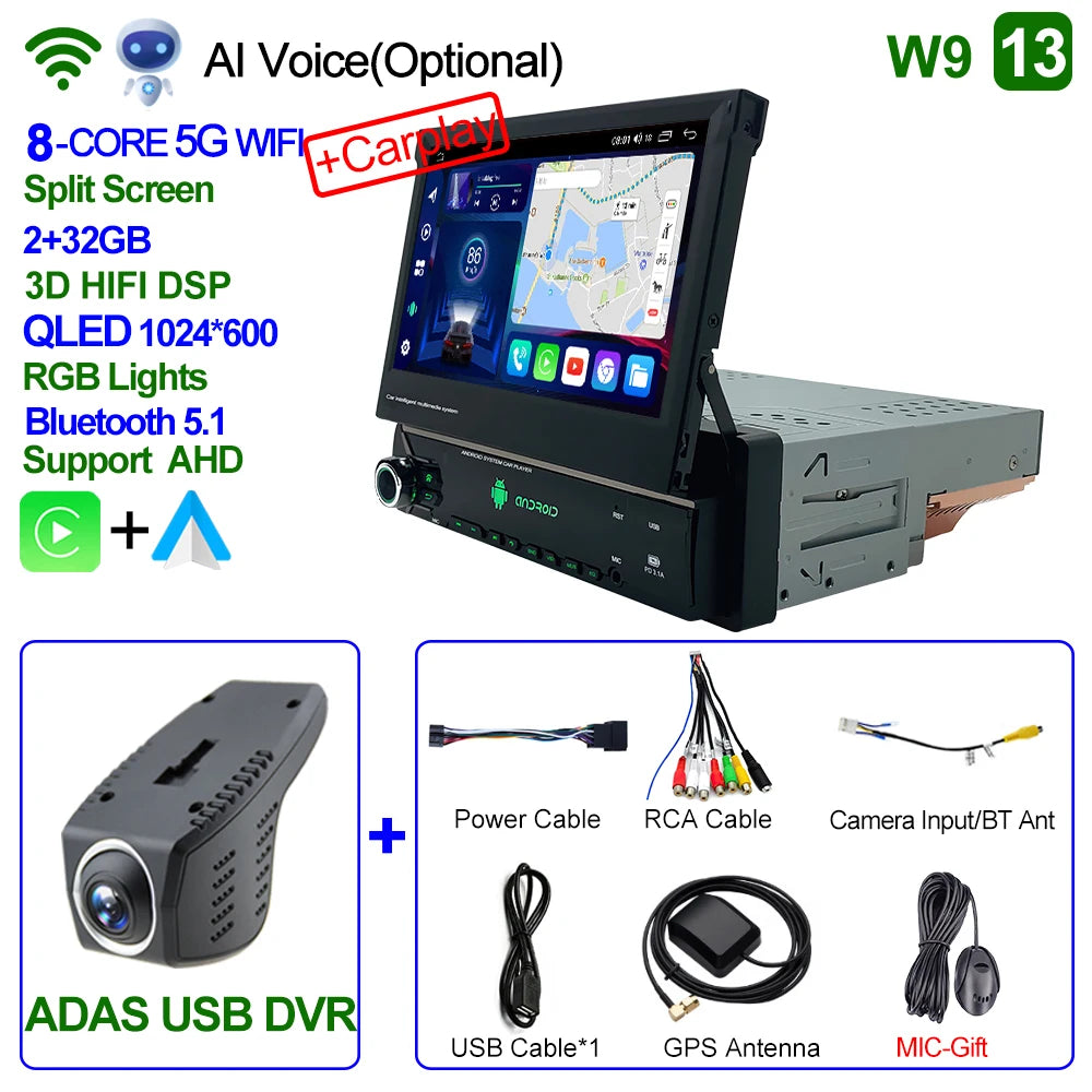 CAIXI Android 13 Auto 1Din Multimedia Player 7'' Universa Retractable Screen Car Radio MP5 GPS Navigation Carplay 1 DIN Stereo