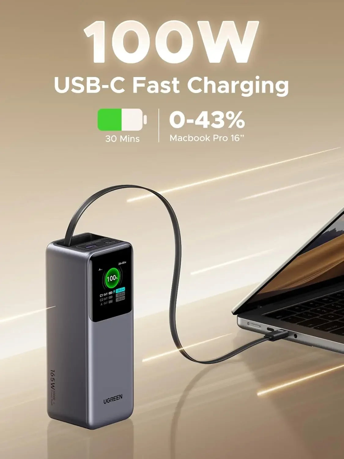UGREEN Nexode Power Bank 20000mAh 165W with Built-in USB C Cable Laptop Travel Portable Charger, 100W Input, Fast Charging for M