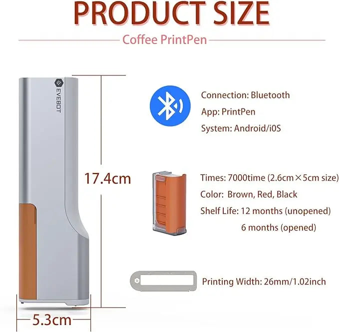 EVEBOT Handheld Food PrintPen Portable Mini Coffee Latte Art Printer, Macaron Cookie DIY Design PrintPen Bluetooth 4.2