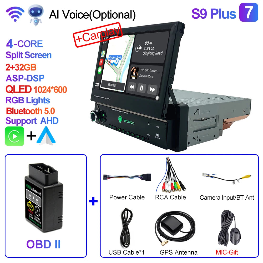 CAIXI Android 13 Auto 1Din Multimedia Player 7'' Universa Retractable Screen Car Radio MP5 GPS Navigation Carplay 1 DIN Stereo