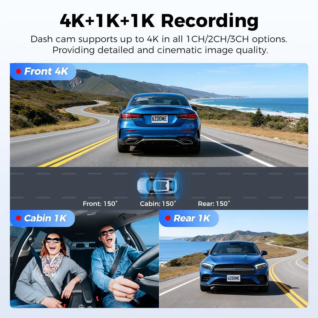 AZDOME M500 4K Dash Cam 3 Channel Car DVR Front Rear Inside 4K+1K+1K Night Vision G-Sensor 24H Parking Monitor Voice Contro