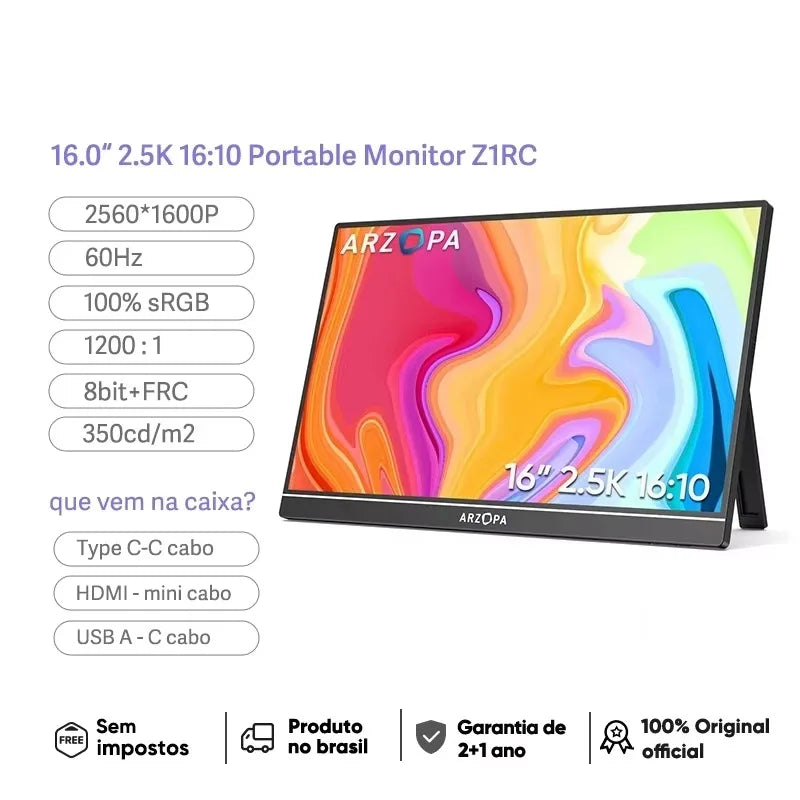 ARZOPA 16inch 2K Portable Monitor 16:10 IPS Screen with Type-C Mini HDMI Second Display for MAC/Laptop/PC/Xbox/PS4/5/Switch,Z1RC