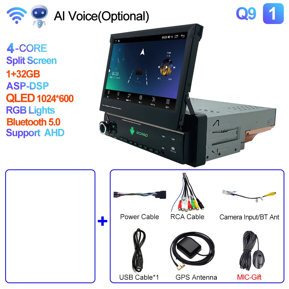 CAIXI Android 13 Auto 1Din Multimedia Player 7'' Universa Retractable Screen Car Radio MP5 GPS Navigation Carplay 1 DIN Stereo