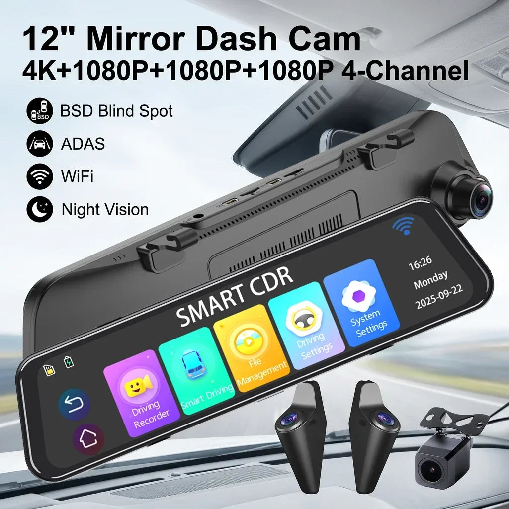 4K Super HD Dash Cam BSD ADAS Car Rearview Mirror Blind Spot Detection Loop Recording 1080P Rear Camera  Video Recorde 12 Inch