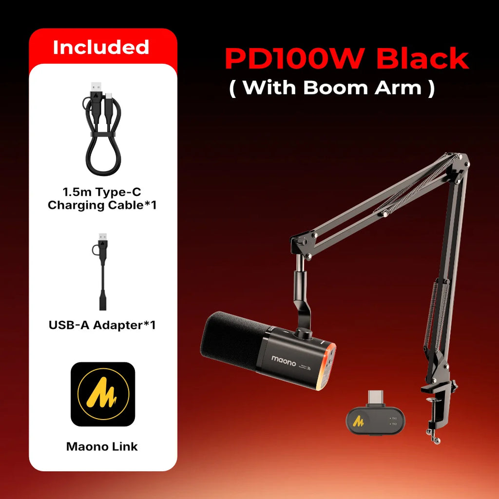 MAONO PD100W USB Wireless Dynamic Microphone Cardioid Mic 50m Range One-Touch Noise Reduction RGB for PC Gaming Live Streaming