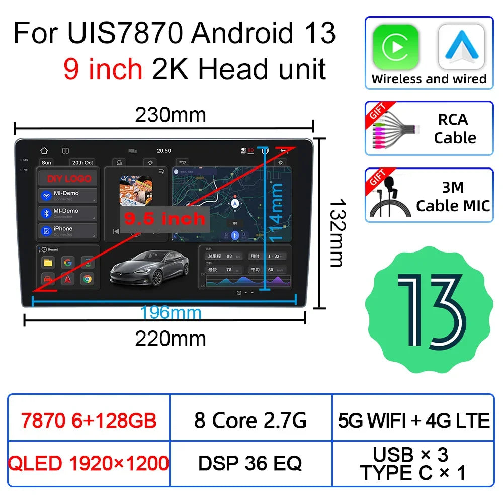 UIS 7870 Universal Car Multimedia Player Android 13 AI Voice GPS Navigation Carplay Auto Stereo Radio Head Unit MP5 Player
