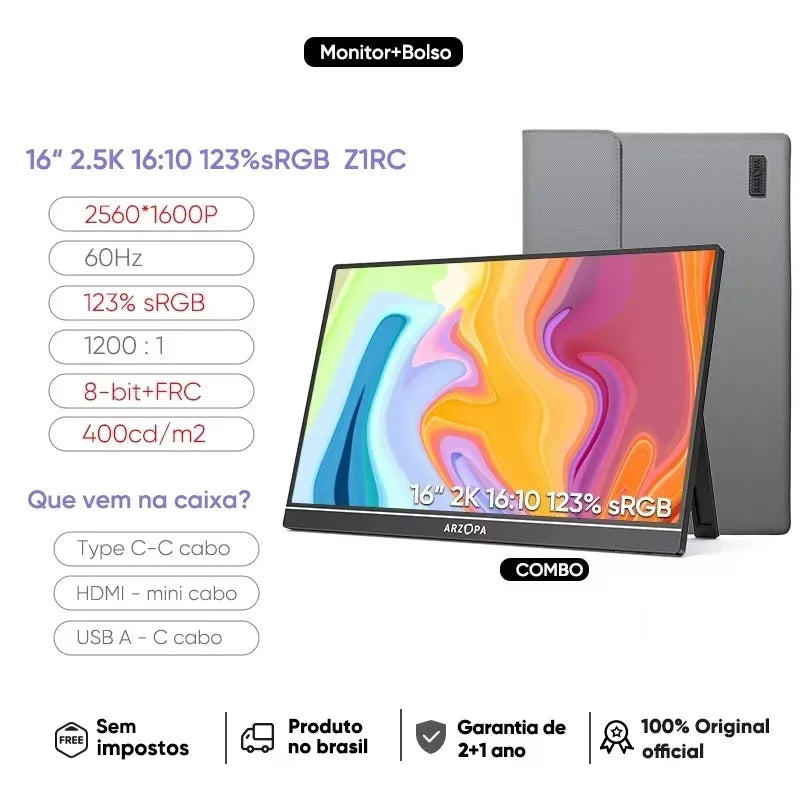 ARZOPA 16inch 2K Portable Monitor 16:10 IPS Screen with Type-C Mini HDMI Second Display for MAC/Laptop/PC/Xbox/PS4/5/Switch,Z1RC