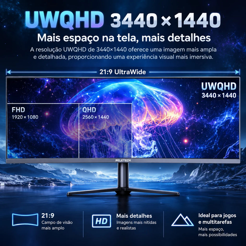 Reletech 34" Ultrawide Gaming Monitor UWQHD 3440x1440 165Hz 1500R Curved VA 21:9 4000:1 HDMI DP