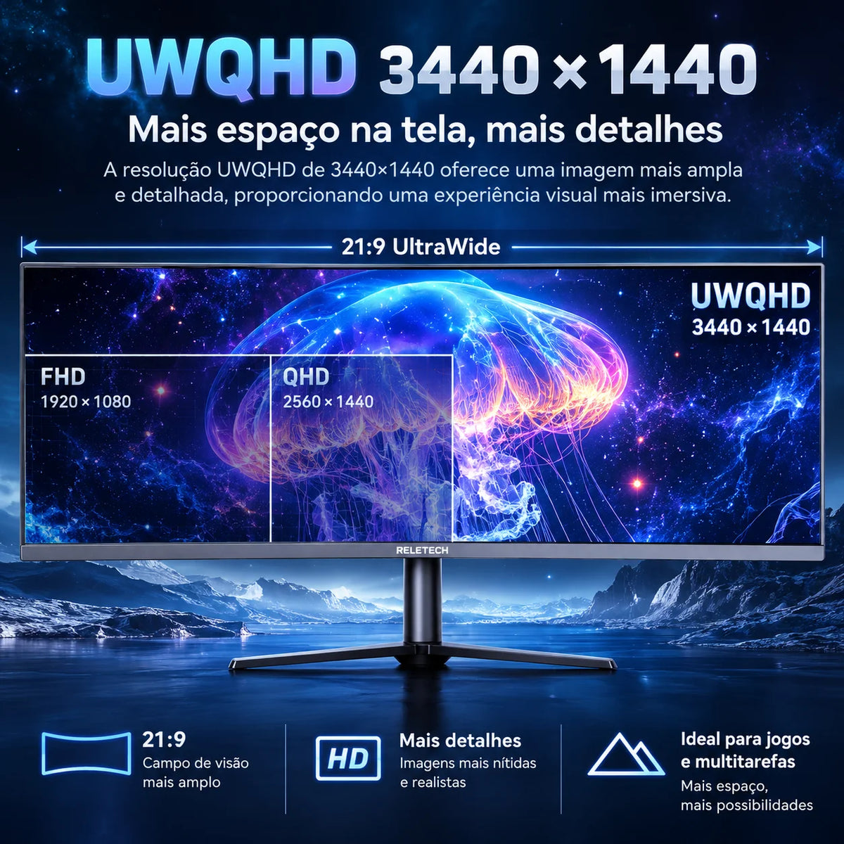 Reletech 34" Ultrawide Gaming Monitor UWQHD 3440x1440 165Hz 1500R Curved VA 21:9 4000:1 HDMI DP