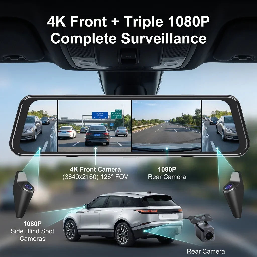 4K Super HD Dash Cam BSD ADAS Car Rearview Mirror Blind Spot Detection Loop Recording 1080P Rear Camera  Video Recorde 12 Inch
