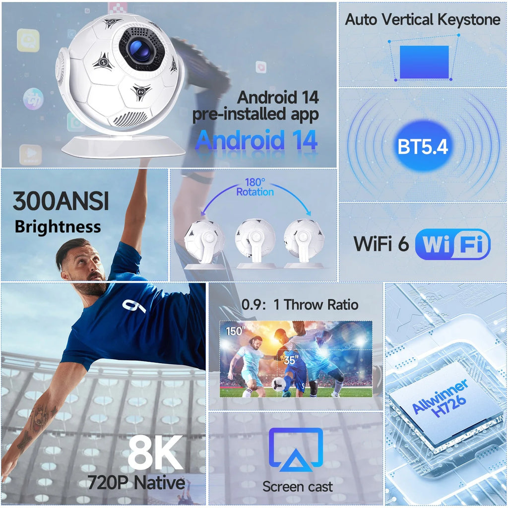 Magcubic HY300F Projector Creative Football Styliny Android 14 8K Projectors 300Ansi MINI Projector LED Wifi6 BT5.4 Home Theater