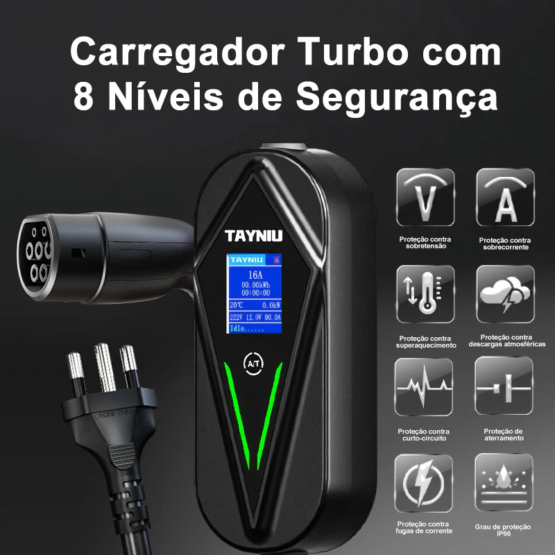 TAYNIU 3.5kW 16A Portable EV Charger – Bivolt 80V–260V, 5m Type 2 Cable, Compatible with BYD, GWM & All Electric Vehicles