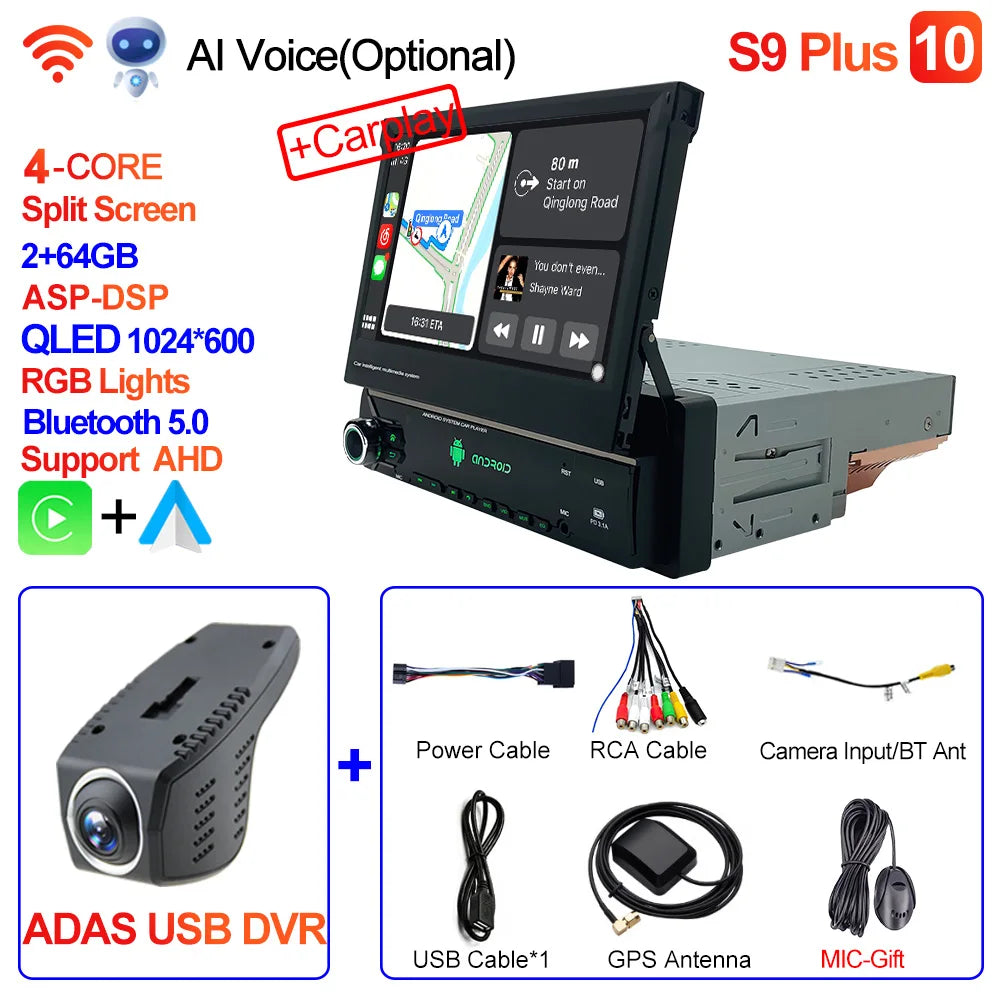 CAIXI Android 13 Auto 1Din Multimedia Player 7'' Universa Retractable Screen Car Radio MP5 GPS Navigation Carplay 1 DIN Stereo