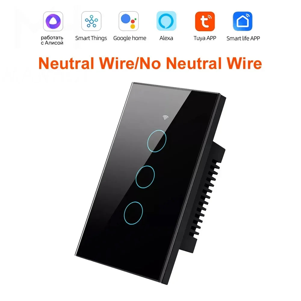 Tuya Wifi Smart Touch Light Switch US APP Wireless Remote LED Light Switches No Neutral Wire Required Work Alexa Google Home