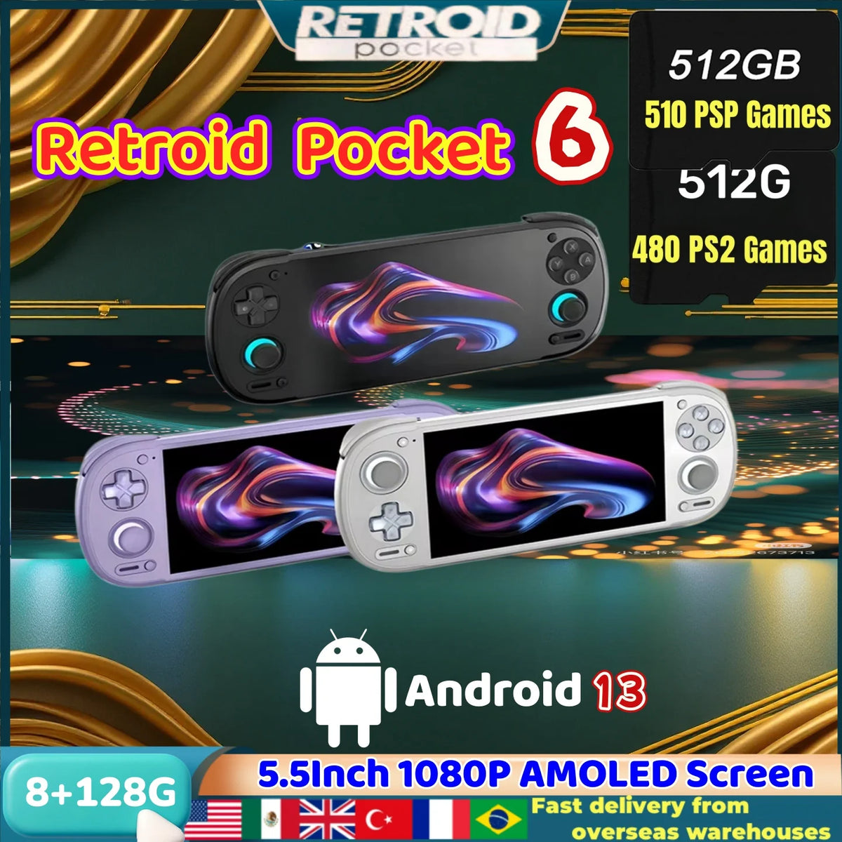 Retroid Pocket 6 Handheld Game Console Android 135.5 Inch 120Hz AMOLED Screen 6000mAh 8GEN2 Hall-Effect Trigger PS2 PSP Game RP6