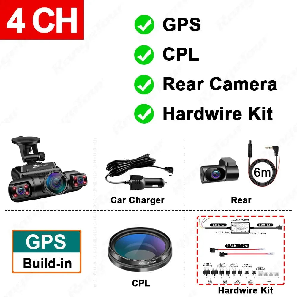 4 Channel 1080P+1080P+1080P+1080P WiFi GPS Car DVR Dual Lens 8 Infrared Light Night Vision 3 Lens 170 Degree Dash Cam Car Camera