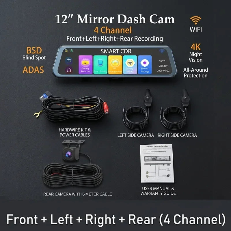 4K Super HD Dash Cam BSD ADAS Car Rearview Mirror Blind Spot Detection Loop Recording 1080P Rear Camera  Video Recorde 12 Inch