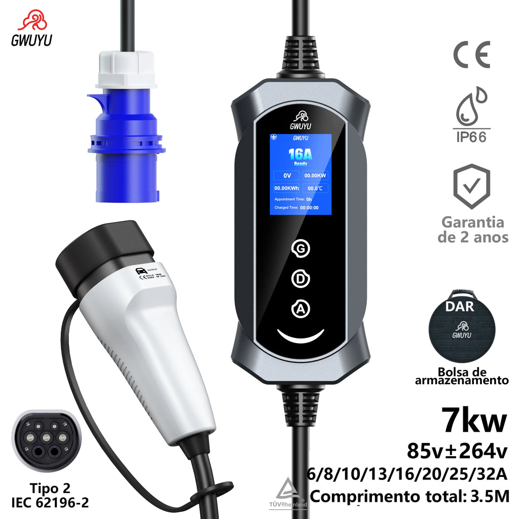 GWUYU Portable EV Charger Type2 7kW 32A Adjustable Current Delay Charging 2.8 Inch LCD Screen EVSE for Electric Car