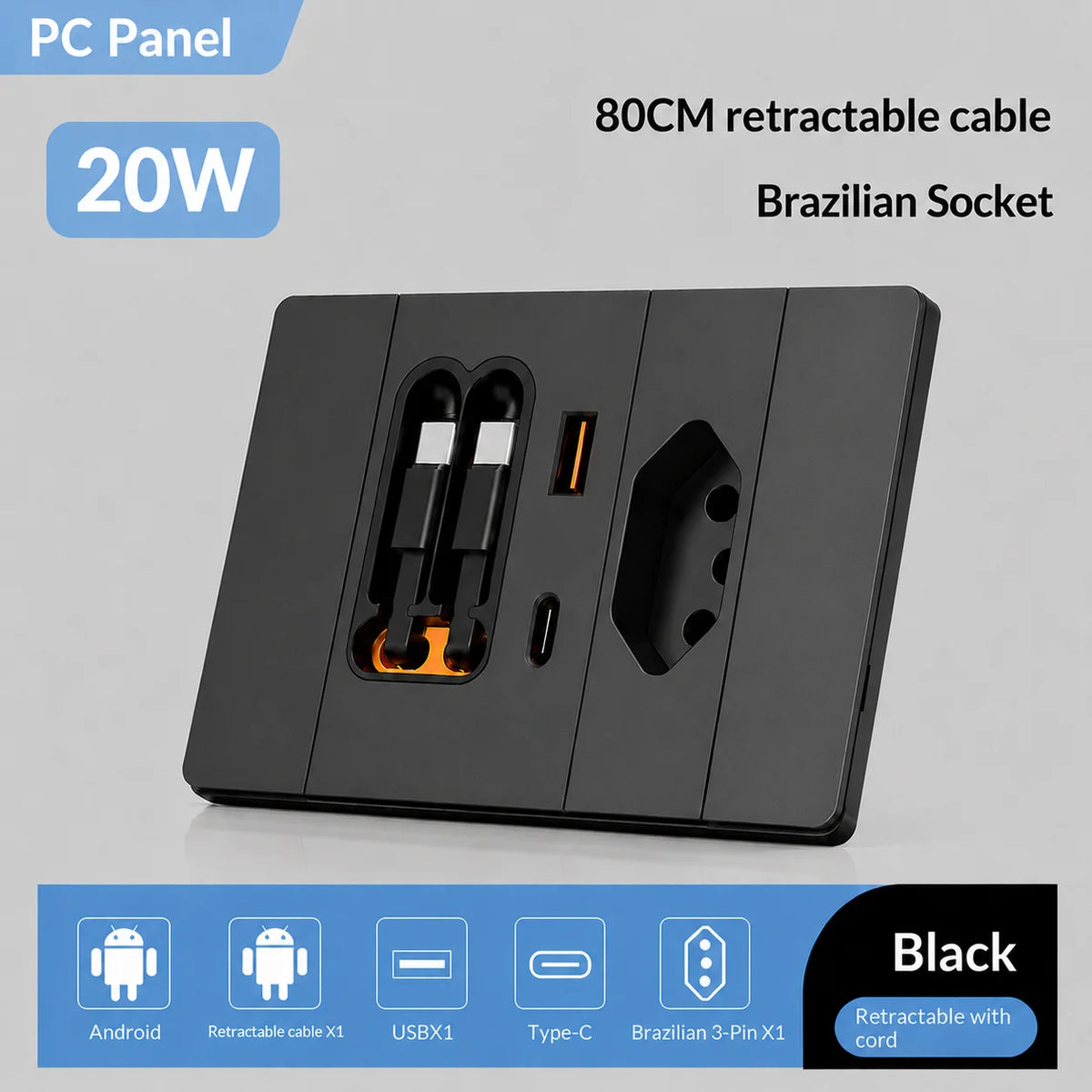 ELEGAN 20W Fast Charging Wall Charger with Dual Retractable USB-C Cables,Type-C PD & USB-A,Brazil socket with retractable cable