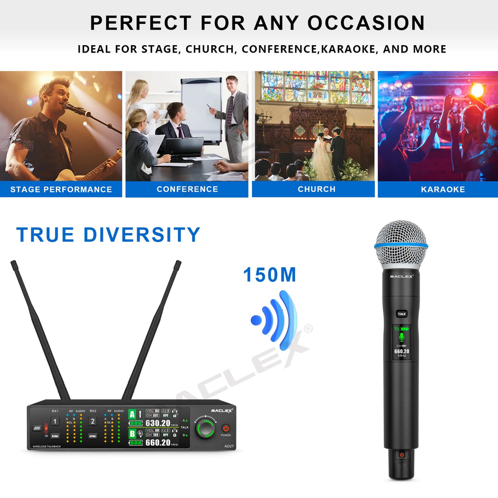 Maclex AD2T Talkback Function Professional Dual Handheld Wireless Microphone System True Diversity UHF TFT Color Display