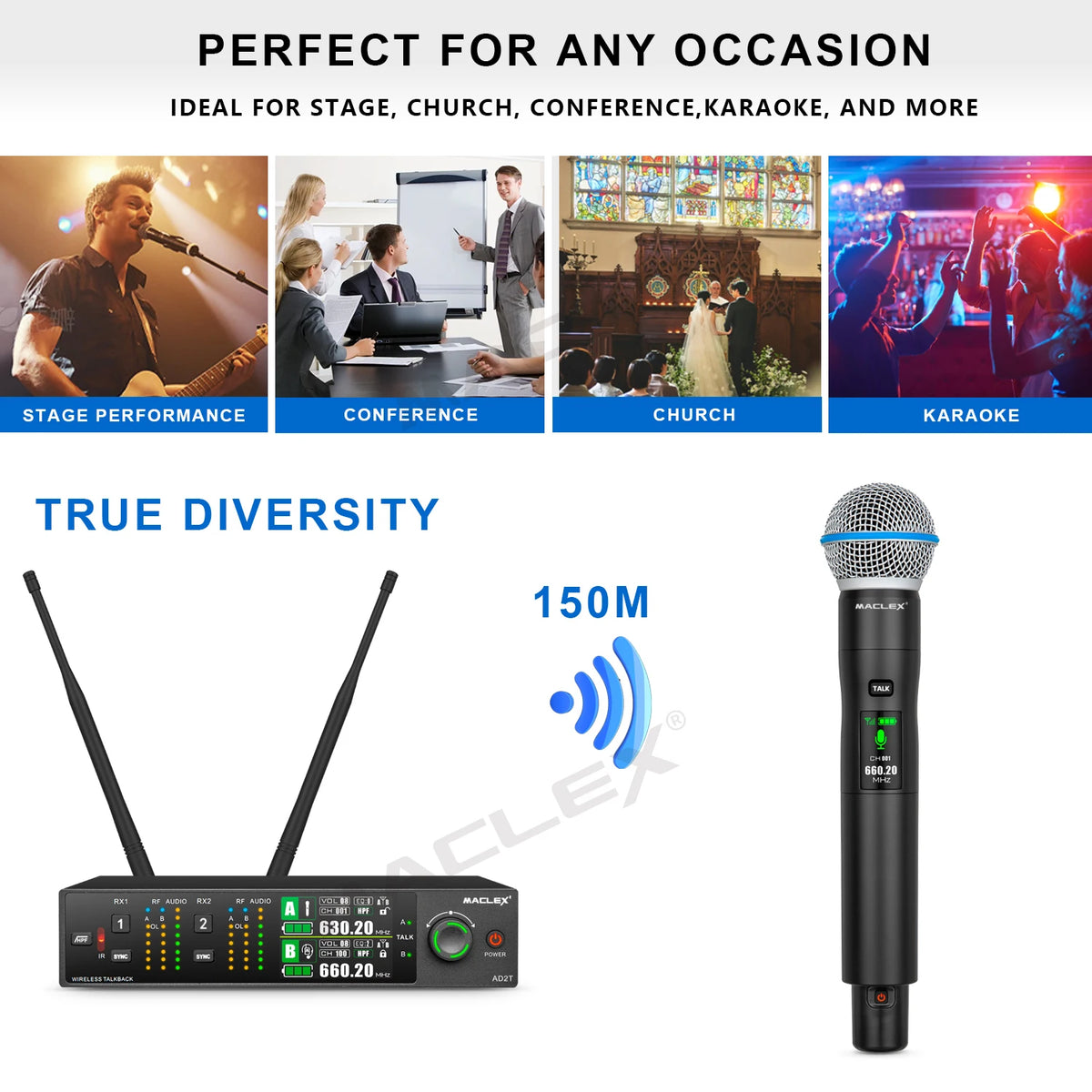 Maclex AD2T Talkback Function Professional Dual Handheld Wireless Microphone System True Diversity UHF TFT Color Display